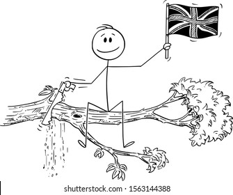 Vector cartoon stick figure drawing conceptual illustration of man waving the flag of United kingdom, and cutting with saw the tree branch on which he is sitting.