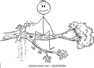 Vector cartoon stick figure drawing conceptual illustration of man or businessman cutting with saw the tree branch on which he is sitting.