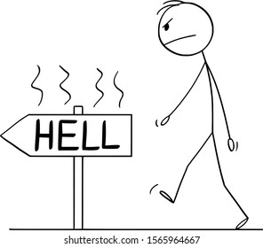 Vector cartoon stick figure drawing conceptual illustration of angry rude man or businessman walking on the path to hell. Concept of negativism and evil.