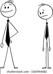 Vector cartoon stick figure drawing conceptual illustration of ordinary man watching confident businessman wearing very long tie or necktie.