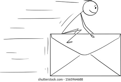 Vector cartoon stick figure drawing conceptual illustration of man or businessman sitting and riding od big fast flying letter, mail or envelope. Communication concept.