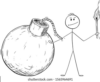 Vector cartoon stick figure drawing conceptual illustration of man or businessman posing with big bomb and fire torch.