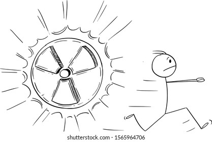 Vector cartoon stick figure drawing conceptual illustration of man running away in panic from nuclear energy or radiation symbol.