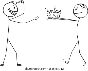 Vector cartoon stick figure drawing conceptual illustration of man giving crown of king or kingdom to confident man during coronation or crowning ceremony.