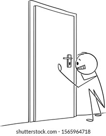 Vector cartoon stick figure drawing conceptual illustration of man or businessman looking through door keyhole.