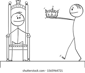 Vector cartoon stick figure drawing conceptual illustration of man giving crown of king or kingdom during coronation or crowning ceremony to man sitting on throne .