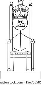 Vector cartoon stick figure drawing conceptual illustration of angry man or king sitting on royal throne with crown on the head.