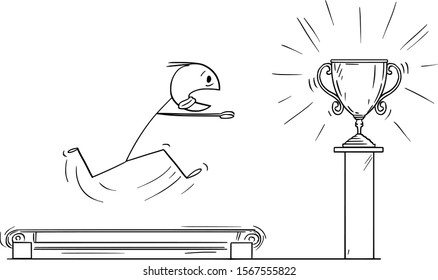 Vector cartoon stick figure drawing conceptual illustration of man or businessman running on the treadmill trying to achieve success trophy. Concept of hopeless effort.
