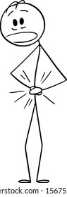 Vector cartoon stick figure drawing conceptual illustration of man suffering pain and holding his stomach.