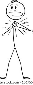 Vector cartoon stick figure drawing conceptual illustration of man suffering heart attack or pain and holding his chest or thorax.