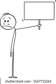 Vector cartoon stick figure drawing conceptual illustration of frustrated or sad man or businessman holding empty sign.