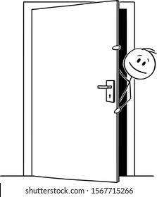 Vector cartoon stick figure drawing conceptual illustration of man or businessman peeping out or looking out the slightly open door.