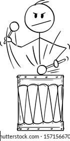 Vector cartoon stick figure drawing conceptual illustration of man,drummer or businessman playing music or rhythm on big retro drum.