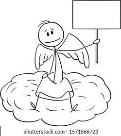 Vector cartoon stick figure drawing conceptual illustration of man sitting on cloud and holding empty sign.