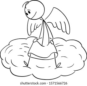 Vector Cartoon Stick Figure Drawing Conceptual Illustration Of Man Sitting On Cloud And Watching Down The World.