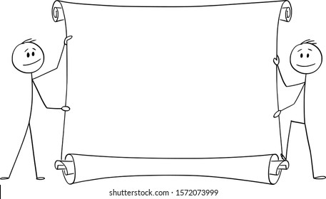 Vector cartoon stick figure drawing conceptual illustration of two men or businessmen holding empty scroll.