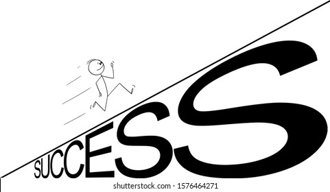 Vector cartoon stick figure drawing conceptual illustration of man or businessman running up the success hill. Career or business concept.