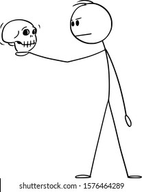 Vector Cartoon Stick Figure Drawing Conceptual Illustration Of Man In Dramatic Pose Holding Human Skull. Actor Playing Hamlet In William Shakespeare Tragedy.