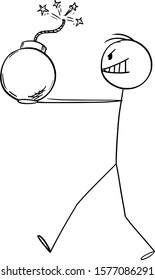 Vector cartoon stick figure drawing conceptual illustration of walking man or businessman carrying ignited bomb.