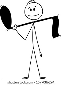 Vector cartoon stick figure drawing conceptual illustration of man holding big musical note.