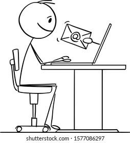 Vector Cartoon Stick Figure Drawing Conceptual Illustration Of Man Or Businessman Working On Computer And Receiving Email.