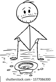 Vector cartoon stick figure drawing conceptual illustration of man or beggar begging for money sitting on ground.
