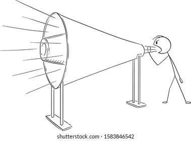 Vector cartoon stick figure drawing conceptual illustration of man or businessman shouting or screaming in to big or huge loudspeaker or megaphone. Leadership or marketing concept.