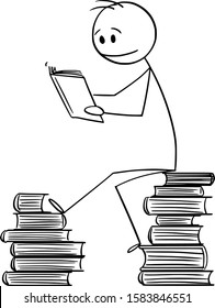 Vector cartoon stick figure drawing conceptual illustration of man sitting on pile of books and reading a book.