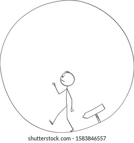 Vector cartoon stick figure drawing conceptual illustration of man or businessman walking in circle. Business concept of career, success and challenge.