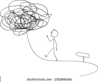 Vector cartoon stick figure drawing conceptual illustration of man or businessman walking on the path or road forward, future is not sure. Business concept of chaos and instability.