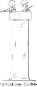 Vector cartoon stick figure drawing conceptual illustration of two armed guards or soldiers guarding on turret or defensive tower.