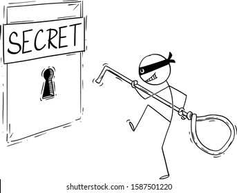 Vector cartoon stick figure drawing conceptual illustration of man in mask,criminal,thief or hacker sneaking to big keyhole with picklock, going to open the lock or and steal the secret information.
