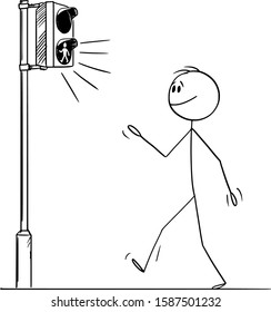 Vector cartoon stick figure drawing conceptual illustration of man or pedestrian walking on crossing because green light on street traffic light is on.