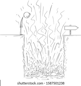 Vector cartoon stick figure drawing conceptual illustration of man or businessman looking at hole with hot lava and fire, as obstacle in his way to success or career.