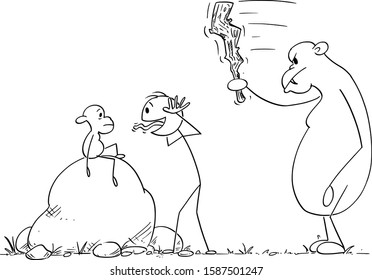 Vector cartoon stick figure drawing conceptual illustration of man or tourist badgering small ape or monkey, while big father or mother is going to hit him with club.