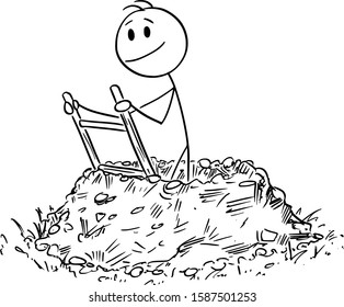 Vector cartoon stick figure drawing conceptual illustration of man,businessman, immigrant or miner climbing out of the hole in ground.