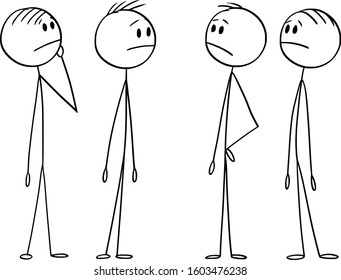 Vector cartoon stick figure drawing conceptual illustration of group of men or businessmen thinking about problem, searching for solution. Business concept of brainstorming and teamwork.