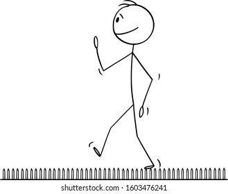 Vector cartoon stick figure drawing conceptual illustration of man or businessman walking on nails or fakir bed. Business concept of achievement, challenge, problem and success.