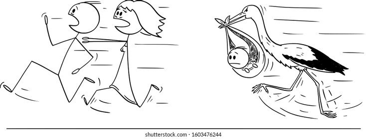 Vector cartoon stick figure drawing conceptual illustration of couple of man and woman running away from stork carrying baby. Concept of postponing or rejecting parenthood.