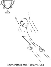 Vector cartoon stick figure drawing conceptual illustration of man or businessman jumping on springs for victory trophy winner cup.