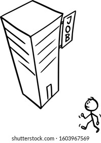 Vector cartoon stick figure drawing conceptual illustration of man or businessman walking in to high modern skyscraper office or commercial or business building, job or work.
