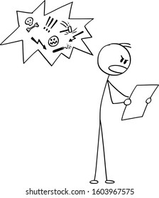 Vector cartoon stick figure drawing conceptual illustration of man reading document or newspapers and speaking profane or bad or foul language.
