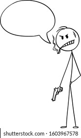 Vector Cartoon Stick Figure Drawing Conceptual Illustration Of Bad Guy Or Man Or Criminal Or Gangster With Cigar Posing With Weapon Or Hand Gun, And Saying Something With Empty Text Balloon.