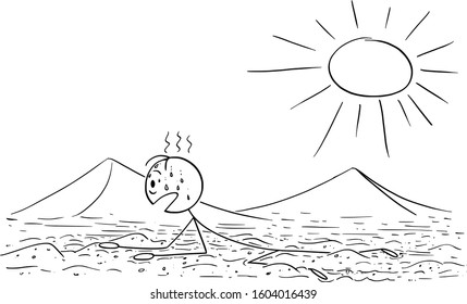 Figura de palo de dibujos animados de Vector que dibuja la ilustración conceptual del hombre, turista o viajero que se arrastra o se arrastra en el desierto de arena caliente en Sun.