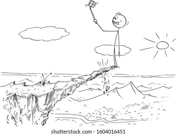 Vector cartoon stick figure drawing conceptual illustration of man taking dangerous photo selfie on unstable high rock risking his life, because he can fall down.