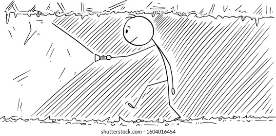 Vector cartoon stick figure drawing conceptual illustration of man walking through dark tunnel, cave or mine.