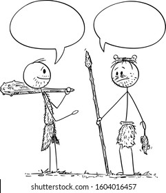 Vector cartoon stick figure drawing conceptual illustration of two cavemen, prehistoric, native or indigenous men having conversation, talking or saying something. There are empty speech bubbles or ba