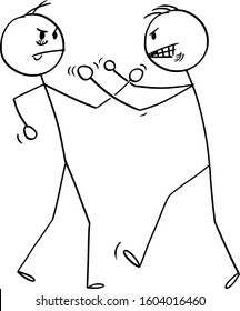 Vector cartoon stick figure drawing conceptual illustration of two angry men or businessmen fighting with fists. Aggression, violence or conflict concept.