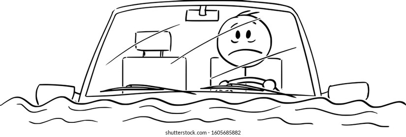Vector cartoon stick figure drawing conceptual illustration of man or driver driving car in water flood, or sitting stunned in car after traffic accident fallen in river or lake.