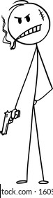 Vector Cartoon Stick Figure Drawing Conceptual Illustration Of Bad Guy Or Man Or Criminal Or Gangster With Cigar Posing With Weapon Or Hand Gun.